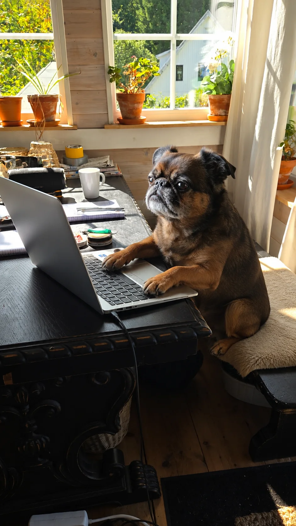 Raffe arbetar koncentrerat vid en laptop